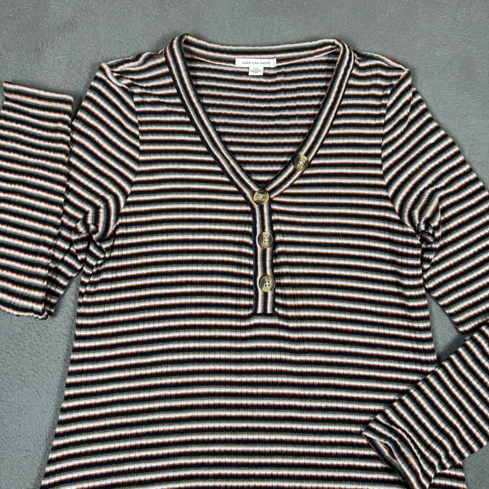 American Eagle Dress Women Large Multi Color Striped Henley Ribbed A-Line Knit - Picture 2 of 6